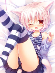 Rule 34 | 1girl, ;o, animal ears, ass, cameltoe, camisole, cardigan, cat ears, cat tail, from above, leg lift, lying, no shoes, off shoulder, on back, one eye closed, open mouth, original, panties, pantyshot, red eyes, short hair, silver hair, solo, string, striped clothes, striped panties, striped thighhighs, tail, tears, thighhighs, underwear, upskirt, wince, wink, yuku (kiollion)