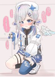 Rule 34 | 1girl, amane kanata, amane kanata (work), anger vein, asymmetrical legwear, beret, between legs, black gloves, black shirt, black socks, blue eyes, blue hair, blue skirt, blue thighhighs, blush, clenched hand, detached wings, ear blush, embarrassed, feathered wings, female focus, flat chest, frilled skirt, frills, full body, gloves, grey hair, hair ornament, hair rings, hairclip, hand between legs, hat, have to pee, highres, hololive, jacket, japanese text, jewelry, kneehighs, long sleeves, looking down, mini wings, miniskirt, mismatched legwear, multicolored hair, necklace, open clothes, open jacket, partially fingerless gloves, pleated skirt, reya (reya412), shirt, shoes, sidelocks, single sock, single thighhigh, skirt, socks, solo, speech bubble, squatting, streaked hair, talking, thigh strap, thighhighs, thighs, translation request, trembling, uneven legwear, v-shaped eyebrows, virtual youtuber, white footwear, white hat, white jacket, white wings, wings