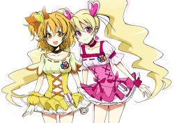 Rule 34 | 00s, 2girls, blonde hair, bow, choker, cure peach, cure pine, dress, earrings, eyelashes, fresh precure!, frilled dress, frills, hair ornament, hair ribbon, happy, heart, heart hair ornament, jewelry, long hair, looking at viewer, magical girl, momozono love, multiple girls, open mouth, orange dress, orange eyes, orange hair, pink bow, pink dress, pink eyes, ponytail, precure, ribbon, ribbon-trimmed clothes, ribbon trim, shijima (agkm), short hair, side ponytail, simple background, sketch, smile, standing, twintails, white background, wrist cuffs, yamabuki inori