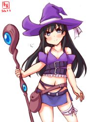 Rule 34 | 1girl, artist logo, asagao (flower knight girl), asagao (flower knight girl) (cosplay), asashio (kancolle), bare shoulders, black hair, blue eyes, collarbone, commentary request, cosplay, cowboy shot, dated, flower knight girl, hat, highres, holding, holding staff, kanon (kurogane knights), kantai collection, long hair, microskirt, navel, purple hat, simple background, skirt, smile, solo, staff, white background, witch hat