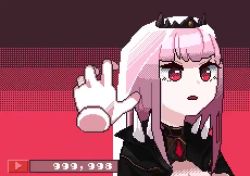 Rule 34 | 1girl, animated, bottle, breasts, cup, disembodied hand, drinking glass, headpat, hololive, hololive english, long hair, mori calliope, mori calliope (1st costume), pink eyes, pink hair, pixel art, ronin (zeth total), scythe, solo, spikes, tiara, video, virtual youtuber, wine bottle, wine glass