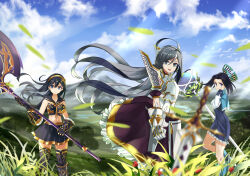 Rule 34 | 3girls, :d, ahoge, alternate costume, alternate hair color, armor, axe, black footwear, black hair, black sailor collar, black skirt, black thighhighs, blue eyes, blue footwear, blurry, boots, commentary request, depth of field, fantasy, feet out of frame, gold hairband, grass, grey hair, hair between eyes, hair down, hairband, holding, holding axe, kantai collection, kiyoshimo (kancolle), long hair, luicent, multiple girls, neckerchief, open mouth, pleated skirt, sailor collar, skirt, smile, sword, tatsuta (kancolle), thighhighs, ushio (kancolle), very long hair, weapon, yellow neckerchief