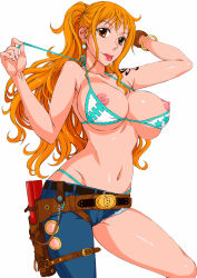 Rule 34 | 1girl, :p, arm behind head, armpits, asymmetrical clothes, bad id, bad pixiv id, bangle, bare shoulders, bikini, bikini top only, bracelet, breasts, brown eyes, cameltoe, cutoffs, denim, earrings, hanzaki jirou, holster, jeans, jewelry, large breasts, legs, log pose, long hair, looking at viewer, nami (one piece), navel, nipple slip, nipples, one piece, orange hair, panties, pants, ponytail, simple background, solo, standing, swimsuit, tattoo, thighs, thong, tongue, tongue out, underwear, undressing, untying, white background