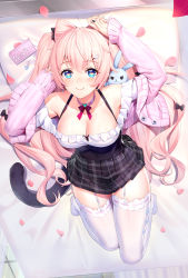 Rule 34 | 1girl, arm up, armpits, bare shoulders, black skirt, blue eyes, breasts, broken delusion, cat tail, choker, cleavage, earrings, garter straps, hair ornament, hairclip, heart, heart-shaped pupils, highres, jacket, jewelry, large breasts, long hair, long sleeves, looking at viewer, miniskirt, nail polish, off-shoulder shirt, off shoulder, open clothes, open jacket, petals, pillow, pink choker, pink hair, pink jacket, plaid, plaid skirt, pleated skirt, ririko (zhuoyandesailaer), shirt, skirt, smile, solo, symbol-shaped pupils, tail, tao xing (broken delusion), thighhighs, two side up, underbust, very long hair, white shirt, white thighhighs, zettai ryouiki