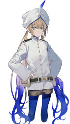 Rule 34 | 1boy, bags under eyes, belt, belt pouch, blue hair, blue pantyhose, brown hair, brown shorts, captain nemo (fate), closed mouth, commentary request, cropped legs, empty eyes, expressionless, fate/grand order, fate (series), gradient hair, green eyes, hands on own hips, hat feather, highres, jacket, long hair, long sleeves, looking at viewer, low twintails, male focus, multicolored hair, nemo (fate), otuming, pantyhose, pantyhose under shorts, pouch, short shorts, shorts, shoulder boards, simple background, solo, turban, twintails, very long hair, white background, white headwear, white jacket