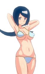 Rule 34 | 1girl, armpits, arms behind head, bikini, blue eyes, blue hair, breasts, creatures (company), game freak, highres, lana&#039;s mother (pokemon), large breasts, legs, low ponytail, mature female, md5 mismatch, navel, nintendo, pokemon, pokemon sm, resolution mismatch, shirogane (seemee), source smaller, swimsuit, thighs