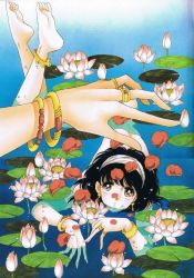 Rule 34 | 1990s (style), 2girls, anklet, barefoot, bell, black hair, bracelet, censored, convenient censoring, feet, flower, hairband, ishtar, ishtar (red river), jewelry, legs up, lily pad, lots of jewelry, lotus, lying, multiple girls, non-web source, nude, official art, partially submerged, red river, retro artstyle, ring, scan, shinohara chie, soles, solo focus, suzuki yuri, water