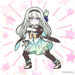 Rule 34 | &gt;:), 1girl, black hairband, blue eyes, blue skirt, bridal gauntlets, brown jacket, brown thighhighs, closed mouth, commentary request, firefly (honkai: star rail), full body, grey hair, hairband, hand up, henshin pose, high heels, honkai: star rail, honkai (series), jacket, layered sleeves, long hair, long sleeves, looking at viewer, mitya, puffy long sleeves, puffy sleeves, shirt, shoes, short over long sleeves, short sleeves, skirt, sleeves past wrists, smile, solo, standing, star (symbol), starry background, thighhighs, twitter username, v-shaped eyebrows, very long hair, white background, white footwear, white shirt