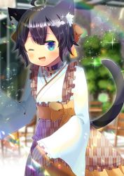 Rule 34 | ;d, ahoge, animal ear fluff, animal ears, apron, bat hair ornament, black collar, black hair, blue eyes, blurry, blurry background, blush, bow, brown apron, brown bow, brown skirt, cat ears, cat tail, collar, depth of field, fang, frilled apron, frilled sleeves, frills, hair bow, hair ornament, japanese clothes, kimono, kou hiyoyo, lens flare, long sleeves, looking at viewer, one eye closed, open mouth, original, pleated skirt, skirt, sleeves past fingers, sleeves past wrists, smile, tail, tail raised, white kimono, wide sleeves, yagasuri