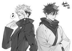 Rule 34 | 2boys, bikkusama, black jacket, buttons, closed mouth, cosplay, crossed arms, expressionless, extra eyes, eyebrows, facial tattoo, forehead tattoo, fushiguro megumi, fushiguro megumi (cosplay), gakuran, highres, jacket, japanese clothes, jujutsu kaisen, kimono, long sleeves, looking at viewer, male focus, monochrome, multicolored hair, multiple boys, musical note, pale skin, ryoumen sukuna (jujutsu kaisen), ryoumen sukuna (jujutsu kaisen) (cosplay), school uniform, short hair, simple background, sleeves past elbows, smile, speech bubble, spiked hair, tattoo, two-tone hair, undercut, white background, white kimono, wide sleeves