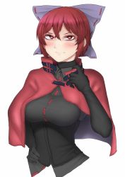 Rule 34 | 1girl, blush, bow, capelet, corset, cross, hair bow, hand on own hip, heart, heart-shaped pupils, highres, nicutoka, red eyes, red hair, sekibanki, short hair, solo, symbol-shaped pupils, touhou