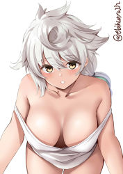 Rule 34 | 1girl, alternate costume, asymmetrical hair, bare shoulders, blush, braid, breasts, casual, cleavage, collarbone, commentary, cowboy shot, downblouse, ebifurya, hanging breasts, highres, jitome, kantai collection, large breasts, leaning forward, long hair, looking at viewer, off shoulder, parted lips, shirt, silver hair, simple background, single braid, sleeveless, sleeveless shirt, solo, strap slip, thighs, twitter username, unryuu (kancolle), very long hair, white background, white shirt, yellow eyes