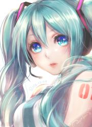 Rule 34 | 1girl, aqua hair, arm tattoo, artist name, blue eyes, dated, from side, hair between eyes, hatsune miku, headset, lma, long hair, parted lips, revision, simple background, solo, tattoo, twintails, upper body, vocaloid, white background