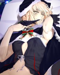 Rule 34 | 1girl, artoria pendragon (fate), babydoll, bed, biting, black gloves, blonde hair, breasts, capelet, commentary request, fate/grand order, fate (series), glove biting, gloves, hat, i-pan, lace-trimmed capelet, lace trim, looking at viewer, lying, medium hair, navel, neck ribbon, on back, ribbon, saber alter, santa alter, santa hat, small breasts, smile, solo, yellow eyes