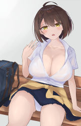 Rule 34 | 1girl, absurdres, ahoge, azur lane, bag, baltimore (after-school ace) (azur lane), baltimore (azur lane), beige cardigan, black skirt, braid, breasts, brown hair, cardigan, cardigan around waist, cleavage, clothes around waist, collared shirt, french braid, grey background, highres, large breasts, looking at viewer, miniskirt, official alternate costume, on bench, panties, partially unbuttoned, pleated skirt, school bag, school uniform, shirt, short hair, short sleeves, simple background, sitting, skirt, solo, takeyonosato, underwear, white panties, white shirt, yellow eyes