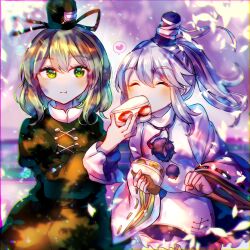 Rule 34 | 2girls, :t, black headwear, black skirt, closed eyes, closed mouth, commentary request, cross-laced clothes, dress, eating, food, frilled skirt, frills, fruit sandwich, green dress, green eyes, green hair, grey hair, hat, heart, highres, holding, holding food, itsumizu, japanese clothes, kariginu, long sleeves, looking at viewer, medium hair, mononobe no futo, multiple girls, pom pom (clothes), ponytail, ribbon-trimmed sleeves, ribbon trim, short hair, sitting, skirt, soga no tojiko, spoken heart, tate eboshi, touhou