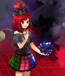 Rule 34 | 1girl, black shirt, breasts, chain, commentary request, earth (ornament), feet out of frame, furrowed brow, globe, hecatia lapislazuli, highres, kaigen 1025, looking down, medium hair, moon (ornament), multicolored clothes, multicolored skirt, off-shoulder shirt, off shoulder, open mouth, plaid, plaid skirt, red eyes, red hair, shirt, skirt, small breasts, solo, standing, touhou