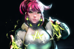 Rule 34 | 1girl, annie mei, annie mei project, bodysuit, borrowed character, breasts, earrings, electricity, glowing, green eyes, jacket, jewelry, lips, long hair, neon trim, nose, open clothes, open jacket, pink hair, smile, solo, superhero costume, the art mage, upper body