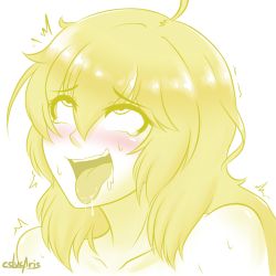 Rule 34 | 1girl, ahegao, blonde hair, blush, cslucaris, drooling, female focus, naughty face, nude, partially colored, portrait, rolling eyes, rwby, sexually suggestive, solo, sweat, tongue, tongue out, white background, yang xiao long