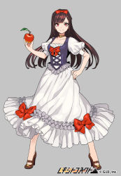 Rule 34 | 1girl, apple, bow, brown choker, brown footwear, brown hair, choker, copyright name, copyright request, dress, dress bow, facing viewer, food, fruit, full body, grey background, hair bow, hand on own hip, high heels, looking at viewer, official art, pota (bluegutty), puffy short sleeves, puffy sleeves, red bow, red eyes, reki connect, short sleeves, simple background, smile, snow white, solo, standing, watermark