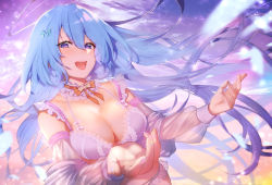 Rule 34 | 1girl, :d, blue hair, bra, breasts, cleavage, detached collar, emori miku, fingernails, floating hair, hair ornament, highres, karinto yamada, lace, lace-trimmed bra, lace trim, large breasts, lingerie, liver city, long hair, looking at viewer, off shoulder, open mouth, purple bra, purple eyes, see-through, sky, smile, solo, underwear, underwear only, very long hair