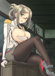 Rule 34 | 10s, 1girl, blush, breasts, breasts out, chalkboard, clock, covering privates, covering breasts, covering nipples, epaulettes, female focus, folded ponytail, glasses, gloves, green eyes, high heels, kantai collection, katori (kancolle), kishi nisen, large breasts, military, military uniform, miniskirt, necktie, panties, panties under pantyhose, pantyhose, sitting, skirt, smile, solo, underwear, uniform, white gloves
