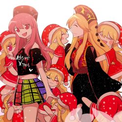 Rule 34 | 6+girls, alternate costume, bad id, bad twitter id, bare shoulders, blonde hair, blush, christmas, closed eyes, closed mouth, clownpiece, english text, fang, happy, hat, hecatia lapislazuli, highres, hug, japanese clothes, junko (touhou), long hair, long sleeves, mindoll, multiple girls, open mouth, pointy ears, red hair, santa hat, shirt, simple background, skirt, smile, t-shirt, touhou, white background