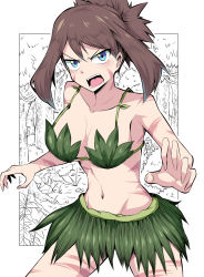 Rule 34 | 1girl, angry, bare arms, bare shoulders, bikini, blue eyes, breasts, brown hair, camouflage, cleavage, collarbone, cowboy shot, creatures (company), game freak, grass skirt, green bikini, highres, leaf bikini, looking at viewer, may (pokemon), medium breasts, navel, nintendo, open mouth, outdoors, pokemon, pokemon adventures, shimure (460), sidelocks, solo, swimsuit, teeth, tongue, two side up, white background