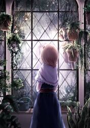 Rule 34 | 1girl, alice margatroid, blonde hair, blue dress, capelet, dress, from behind, hairband, highres, light bulb, plant, potted plant, reflection, short sleeves, solo, t terano, touhou, watering can, white capelet, window