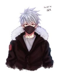 Rule 34 | 1boy, alternate costume, bad id, bad pixiv id, black eyes, brown jacket, cropped torso, dated, forehead protector, fur-trimmed jacket, fur trim, grey hair, grey shirt, hatake kakashi, hood, hooded jacket, jacket, male focus, mask, mouth mask, naruto, naruto (series), red eyes, scar, scar across eye, scar on face, shirt, signature, simple background, solo, white background, yurang