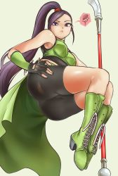 Rule 34 | 1girl, armpit peek, armpits, ass, bad id, bad pixiv id, bare shoulders, bike shorts, boots, breasts, dragon quest, dragon quest xi, fingerless gloves, gloves, hanamasa ono, high heel boots, high heels, highres, long hair, looking at viewer, looking down, martina (dq11), medium breasts, polearm, ponytail, purple eyes, purple hair, shiny skin, solo, spear, torn bike shorts, torn clothes, waist cape, weapon