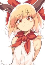 Rule 34 | 1girl, bare shoulders, blonde hair, blush, bow, closed mouth, hair bow, horns, ibuki suika, kaiza (rider000), looking at viewer, orange eyes, red bow, red neckwear, red scarf, scarf, shirt, short hair, simple background, sleeveless, smile, solo, touhou, white background, white bow, white shirt