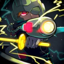 Rule 34 | 1boy, arm cannon, black jacket, blurry, cable, depth of field, electricity, fighting stance, glowing, glowing eyes, helmet, holding, holding sword, holding weapon, jacket, male focus, masked man (mother 3), mother (game), mother 3, nintendo, one eye covered, orange hair, red eyes, shifumame, solo, sword, weapon