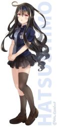 Rule 34 | 1girl, asymmetrical legwear, black footwear, black hair, black skirt, black socks, blue shirt, character name, commentary request, employee uniform, full body, hatsushimo (kancolle), hatsushimo kai ni (kancolle), headband, juurouta, kantai collection, kneehighs, lawson, loafers, long hair, low-tied long hair, own hands together, pleated skirt, red eyes, shirt, shoes, single kneehigh, single sock, single thighhigh, skirt, socks, solo, standing, striped clothes, striped shirt, thighhighs, uneven legwear, uniform
