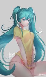 Rule 34 | 1girl, abeja, aqua eyes, aqua hair, artist name, bottomless, character name, grey background, hatsune miku, long hair, looking at viewer, sitting, solo, twintails, very long hair, vocaloid