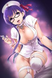 Rule 34 | 10s, 1girl, bad id, bad twitter id, bb (bb shot!) (fate), bb (fate), bb (fate/extra), blush, breasts, choker, cleavage, fate/extra, fate/extra ccc, fate (series), garter straps, glasses, groin, hair ribbon, hat, highres, large breasts, long hair, looking at viewer, no panties, nurse, nurse cap, open mouth, purple eyes, purple hair, ribbon, solo, sweat, syringe, teoshiguruma, thighhighs, very long hair, white thighhighs