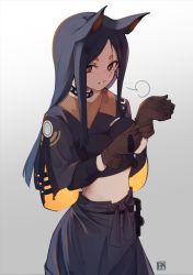 Rule 34 | 1girl, puff of air, a:n (angrynum), animal ears, arknights, artist logo, black hair, black skirt, bright pupils, brown gloves, collar, commentary, cowboy shot, cropped shirt, dobermann (arknights), gloves, gradient background, grey background, long hair, looking at viewer, midriff, mole, mole under eye, parted bangs, parted lips, putting on gloves, red eyes, skirt, solo, spiked collar, spikes, straight hair, thick eyebrows, white pupils