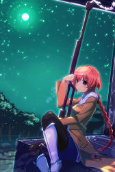 Rule 34 | 00s, 1girl, anti-materiel rifle, bad id, bad pixiv id, bolt action, boots, braid, brown eyes, darker than black, female focus, gun, is ii, long hair, nature, night, outdoors, pantyhose, ptrd-41, red hair, rifle, sitting, sky, sniper rifle, solo, suou pavlichenko, weapon