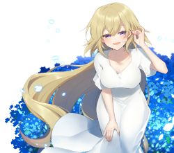 Rule 34 | 1girl, absurdres, blonde hair, blue flower, breasts, commentary request, dress, fate/apocrypha, fate (series), field, flower, flower field, hair between eyes, half-closed eyes, hand in own hair, hand on own knee, hand on own leg, highres, jeanne d&#039;arc (fate), jeanne d&#039;arc (ruler) (fate), kan&#039;yu (citron 82), long hair, medium breasts, nemophila (flower), petals, purple eyes, smile, solo, unworn headgear, very long hair, white background, white dress