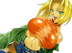 Rule 34 | 1990s (style), 1girl, aqua eyes, bare shoulders, belt, blonde hair, blue eyes, blue mary, breasts, bursting breasts, covered erect nipples, denim, fang, fatal fury, halterneck, jeans, kotobuki tsukasa, large breasts, midriff, naughty face, navel, navel piercing, nipples, open clothes, open mouth, panties, pants, piercing, retro artstyle, shirt, skin tight, smile, snk, solo, taut clothes, taut shirt, the king of fighters, torn clothes, underwear, undressing, unzipped