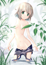 Rule 34 | 1girl, bathing, blonde hair, bob cut, breasts, censored, censored nipples, clothes pull, commentary request, contrapposto, convenient censoring, foliage, grass, green eyes, groin, kohshibasaki, leaf, light smile, looking at viewer, navel, one-piece swimsuit pull, outdoors, pond, school swimsuit, short hair, skinny, small breasts, solo, swimsuit, topless, wading, wet, wet clothes, yama no susume, yukimura aoi