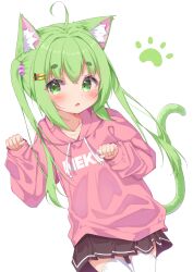 Rule 34 | 1girl, ahoge, animal ear fluff, animal ears, black skirt, blush, cat ears, cat girl, cat tail, collarbone, commentary request, drawstring, fang, flat chest, green eyes, green hair, hair between eyes, hair bobbles, hair ornament, hairclip, highres, hood, hood down, hoodie, long sleeves, looking at viewer, matchanear, miniskirt, original, parted lips, paw pose, paw print, pink hoodie, pleated skirt, puffy long sleeves, puffy sleeves, short eyebrows, simple background, skin fang, skirt, solo, tail, thick eyebrows, thighhighs, two side up, white background, white thighhighs, zettai ryouiki