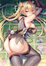 Rule 34 | 1girl, ass, bare shoulders, bradamante (fate), braid, grabbing another&#039;s breast, breasts, bridal gauntlets, casino card table, poker chip, come hither, deep skin, fate/grand order, fate (series), from behind, grabbing, huge ass, large breasts, leotard, long hair, looking at viewer, looking back, lying, naughty face, on stomach, shiny clothes, shiny skin, sideboob, smile, solo, table, tactactack, thighhighs, thong leotard, twintails, very long hair