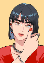 Rule 34 | 1girl, absurdres, black hair, bob cut, chain, earrings, hand up, highres, jewelry, nail polish, necklace, okada (hoooojicha), original, red nails, red shirt, ring, shirt, short hair, simple background, solo, tears, yellow background