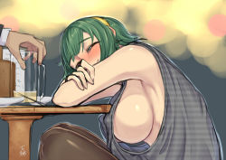 Rule 34 | 1girl, alcohol, armpits, bad id, bad pixiv id, beer, beer mug, black legwear, blurry, blush, bokeh, breasts, covered erect nipples, cup, depth of field, drinking glass, drunk, from side, green hair, hairband, head rest, idolmaster, idolmaster (classic), large breasts, leaning forward, loose clothes, male hand, mug, no bra, one eye closed, otonashi kotori, out of frame, perky breasts, red eyes, saucer, short hair, sideboob, signature, sleeveless, smile, solo focus, striped, swept bangs, table, tank top, unmoving pattern, upper body, yoshiwa tomo