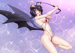 Rule 34 | 1girl, adsouto, ahoge, bikini, black hair, breasts, demon wings, forward facing horns, glowing, glowing eyes, hand on own face, heart, heart ahoge, highres, hiiragi utena, holding riding crop, large breasts, looking at viewer, low wings, magia baiser, mahou shoujo ni akogarete, riding crop, signature, solo, string bikini, swimsuit, tongue, tongue out, wings, yellow eyes