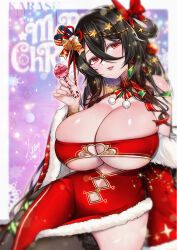 Rule 34 | 1girl, allenhalo, bell, black hair, black thighhighs, bow, breasts, brown eyes, candy, candy cane, chinese commentary, cleavage, clothing cutout, coat, dated, dress, food, fur-trimmed coat, fur trim, hair bell, hair between eyes, hair bow, hair ornament, holding, huge breasts, kurogane karasu, looking at viewer, merry christmas, nkshoujo, off shoulder, open mouth, red bow, red coat, red dress, signature, skindentation, smile, solo, star (symbol), star hair ornament, thighhighs, underboob, underboob cutout, virtual youtuber