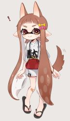 Rule 34 | !, 1girl, animal ears, black footwear, blunt bangs, bone hair ornament, bracelet, brown eyes, brown hair, brown shorts, closed mouth, clothes writing, coin purse, commentary, dog ears, full body, hair ornament, inkling, inkling girl, inkling player character, jewelry, kanji, kemonomimi mode, long hair, looking at viewer, maco spl, mask, motion blur, necklace, nintendo, pointy ears, sandals, shirt, short shorts, shorts, simple background, smile, solo, standing, t-shirt, tail, tail wagging, tentacle hair, translated, very long hair, white background, white shirt