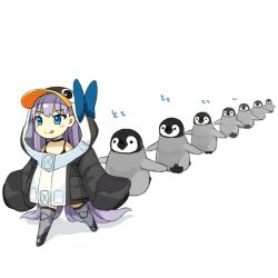 Rule 34 | 1girl, absurdly long hair, animal, bird, blue eyes, blush stickers, chibi, closed mouth, commentary, fate/grand order, fate (series), full body, hood, hoodie, lilac (p-f easy), long hair, long sleeves, meltryllis, meltryllis (fate), meltryllis (swimsuit lancer) (fate), meltryllis (swimsuit lancer) (first ascension) (fate), penguin, purple hair, simple background, sleeves past fingers, sleeves past wrists, smile, tongue, tongue out, very long hair, white background