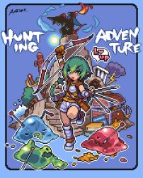 Rule 34 | aozane, arrow (projectile), book, bow (weapon), braid, coin, dragon, fantasy, green hair, lowres, original, pixel art, pointy ears, ponytail, solo, sword, treasure chest, weapon